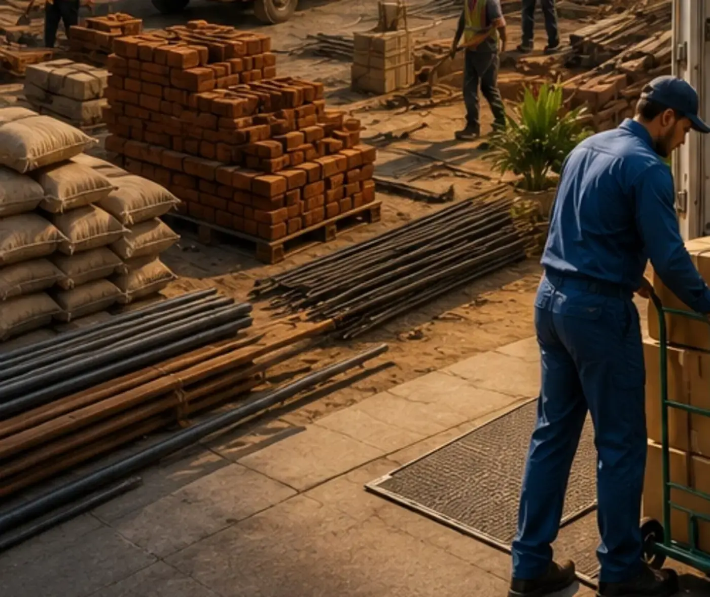 Cement bags, bricks and steel rebar staged for a construction site