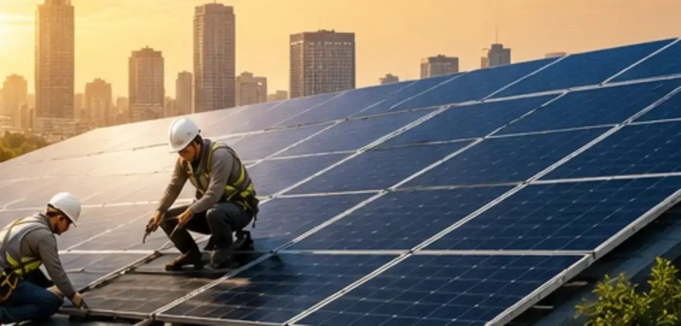 Technicians installing rooftop solar panels with the Chennai skyline in the background