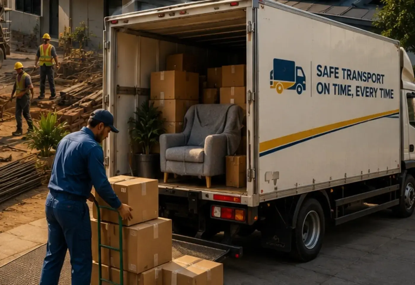 Closed lorry being loaded with packed furniture and boxes for house shifting